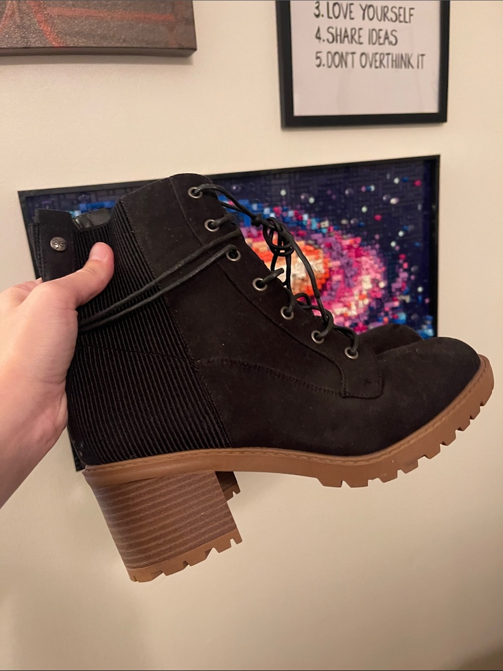 True Craft Black Lace-Up Suede Ankle Boots with Brown Lug Heel
